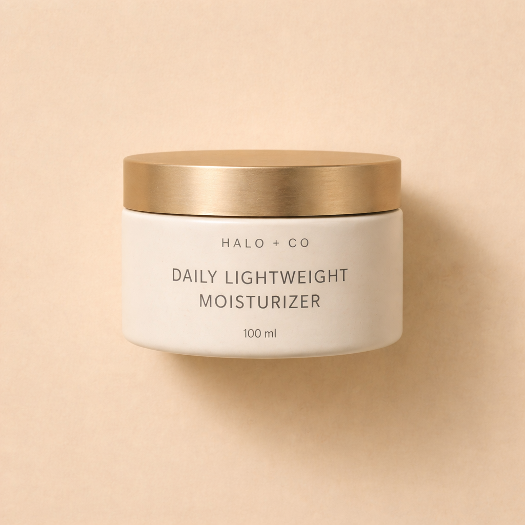 Halo + Co Daily Lightweight Moisturizer on warm beige background