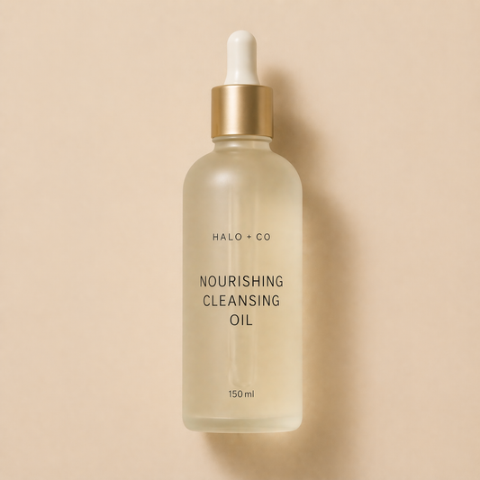 Halo + Co Nourishing Cleansing Oil on warm beige background