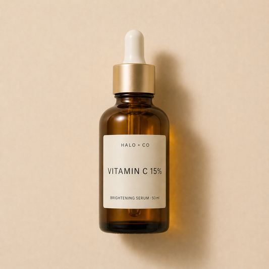 Halo + Co Vitamin C Brightening Serum on warm beige background